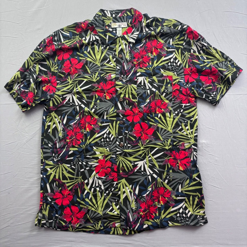 Caribbean Joe Mens Large Tropical Hibiscus Floral Rayon Camp Shirt Black Red L